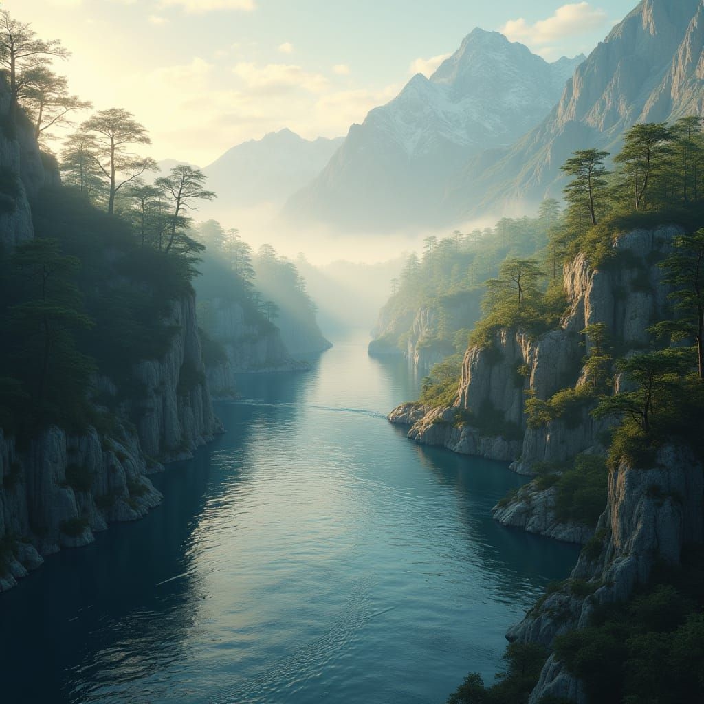 Majestic River Landscape in Hyper-Realistic Style