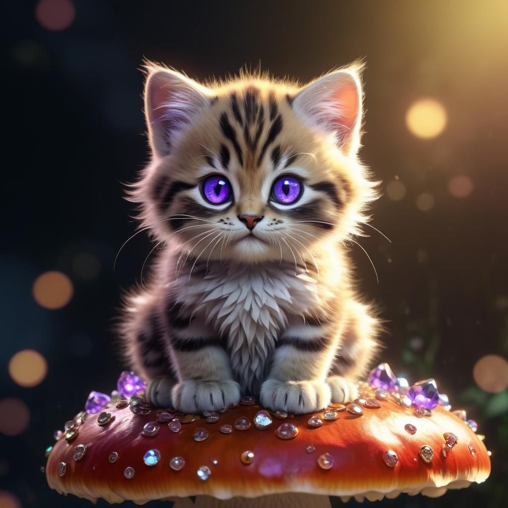 Kitten on Jeweled Mushroom, Art Nouveau Style