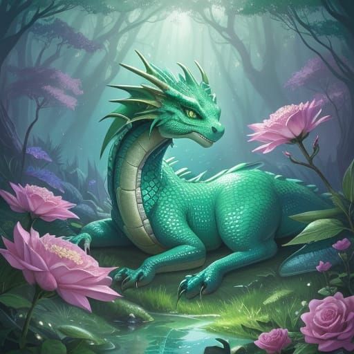 Majestic Green and Pink Dragon in Magical Forest