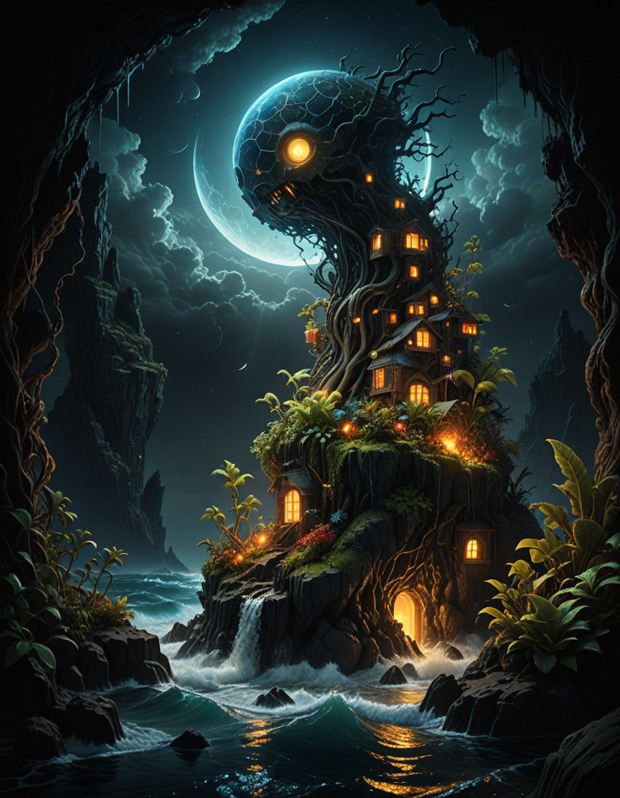 Surreal Oil Painting of a Neon Tetris World with Dark Storm....