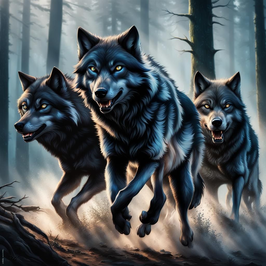 Black Wolves with Blue Eyes in Misty Forest