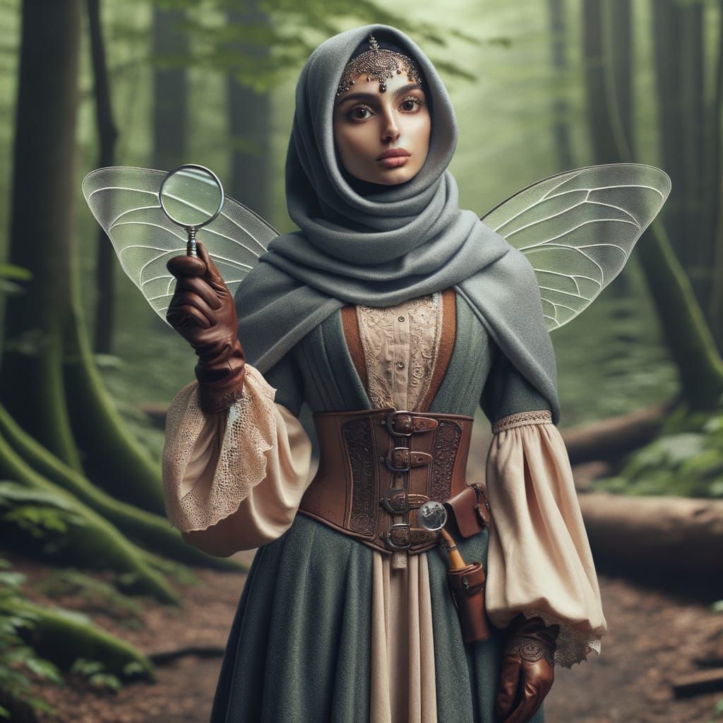 Medieval Fairy Detective in Forest Setting, Holding Magnifyi...