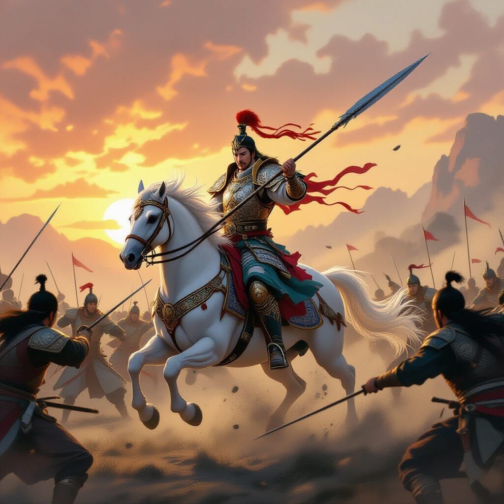 Zhao Yun Fights Enemies on White Horse in Chinese Ink Wash S...