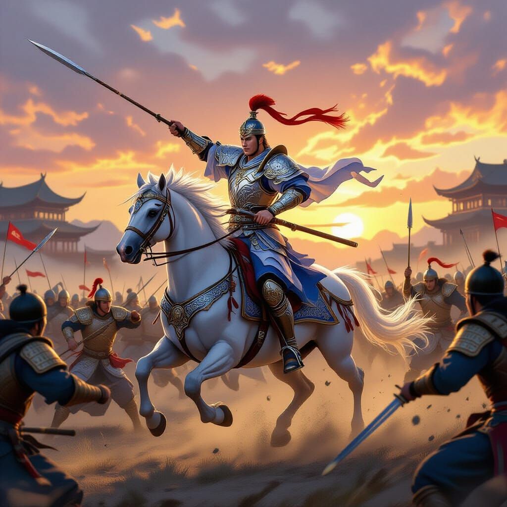 Zhao Yun Battles Enemies on White Horse at Sunset