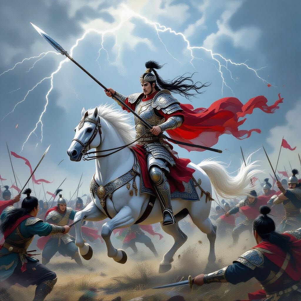 Zhao Yun in Silver Armour Fights on White Horse with Spear