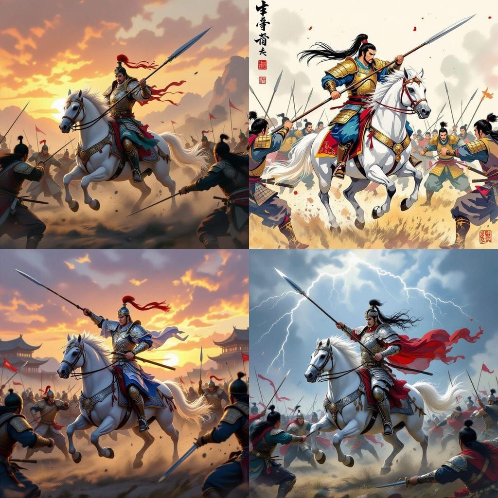 Zhao Yun in Armor Fighting Enemies on White Horse