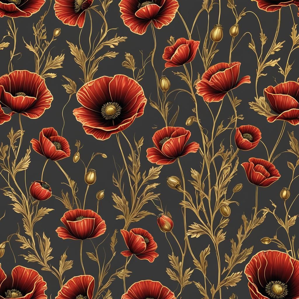 Abstract Red Poppy with Gold Outline in 3D Style