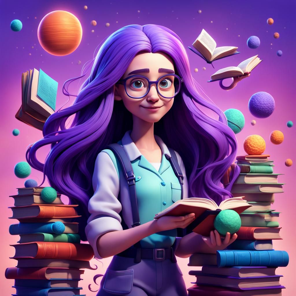 Cartoon Scientist with Purple Hair in 3D Digital Art
