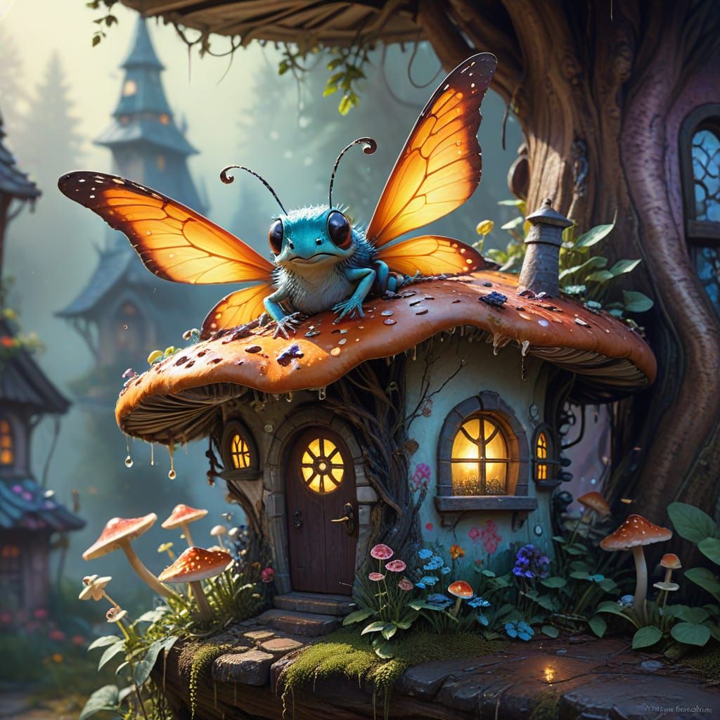 Insect Fairy Sipping Tea in Mushroom House