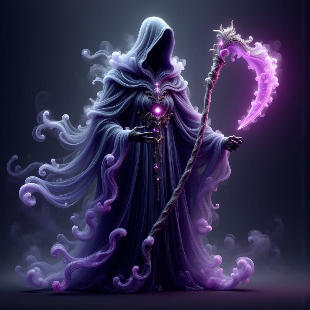 <lora:Ethereal Magic Flux:1.0> The Grim Reaper and his purpl...