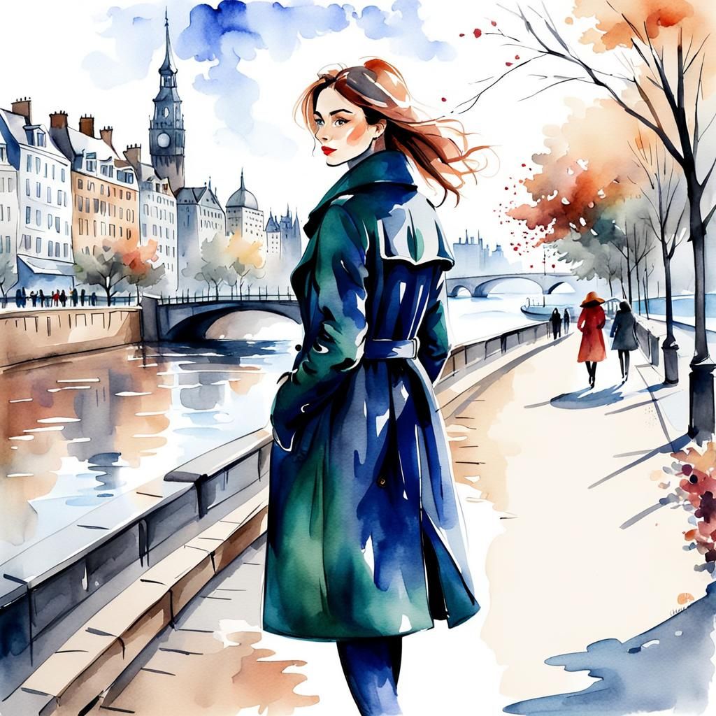 Watercolor Sketch of Girl on Embankment