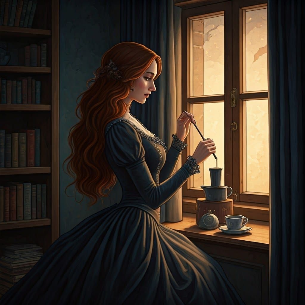 Victorian Witch Coffee Magic: Gouache Illustration