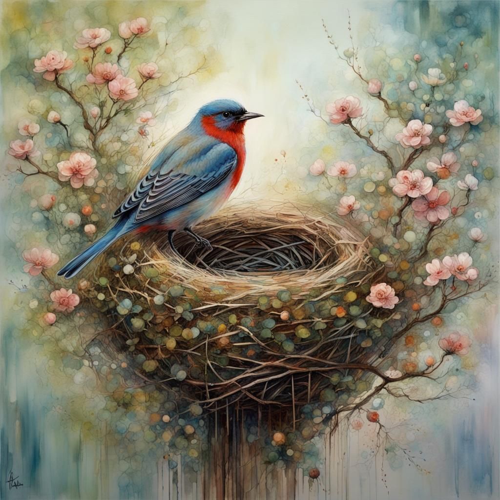 Bird on Nest in Flowering Hedge