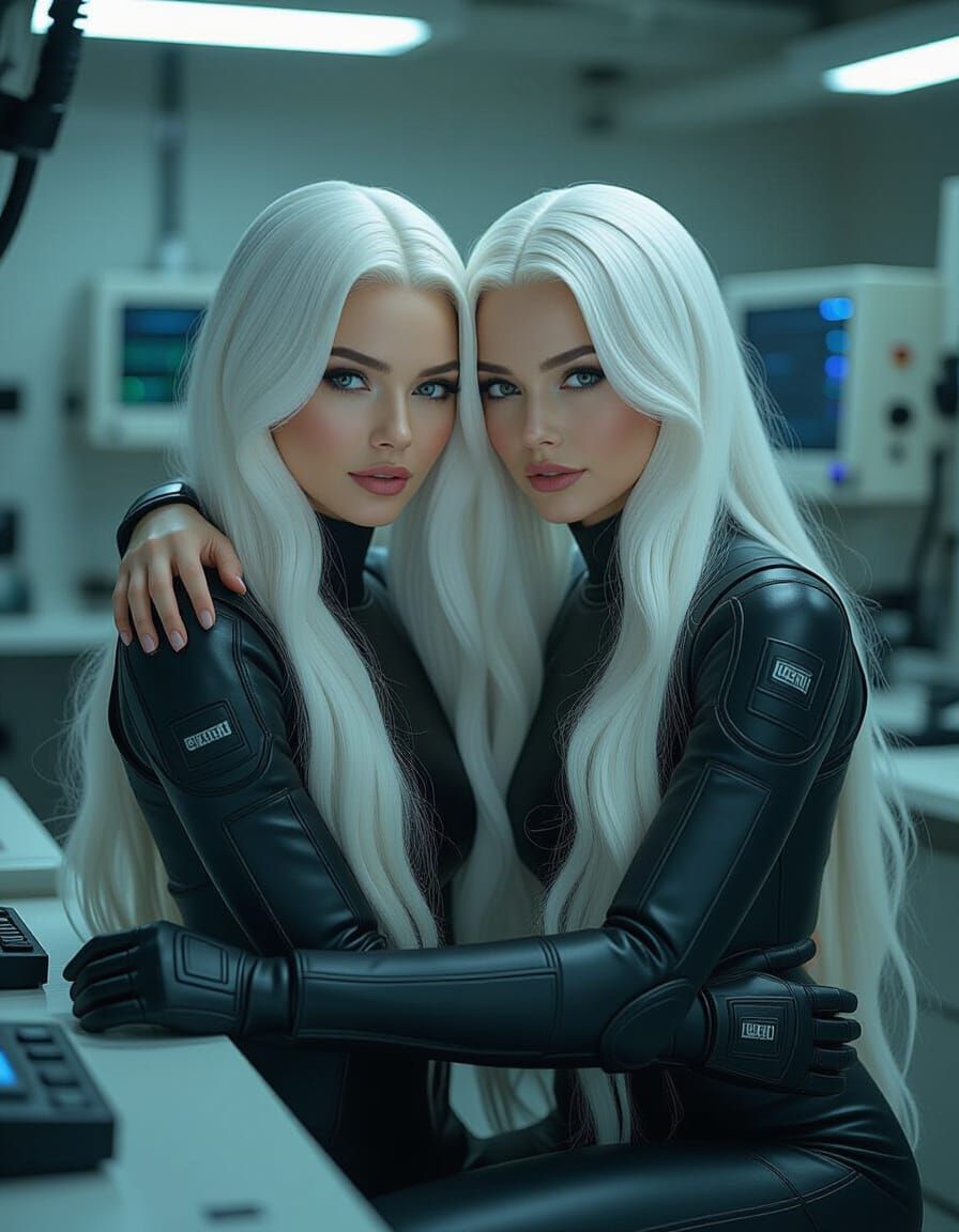 Cybernetic Women Embrace in Abandoned Lab, Vintage Film