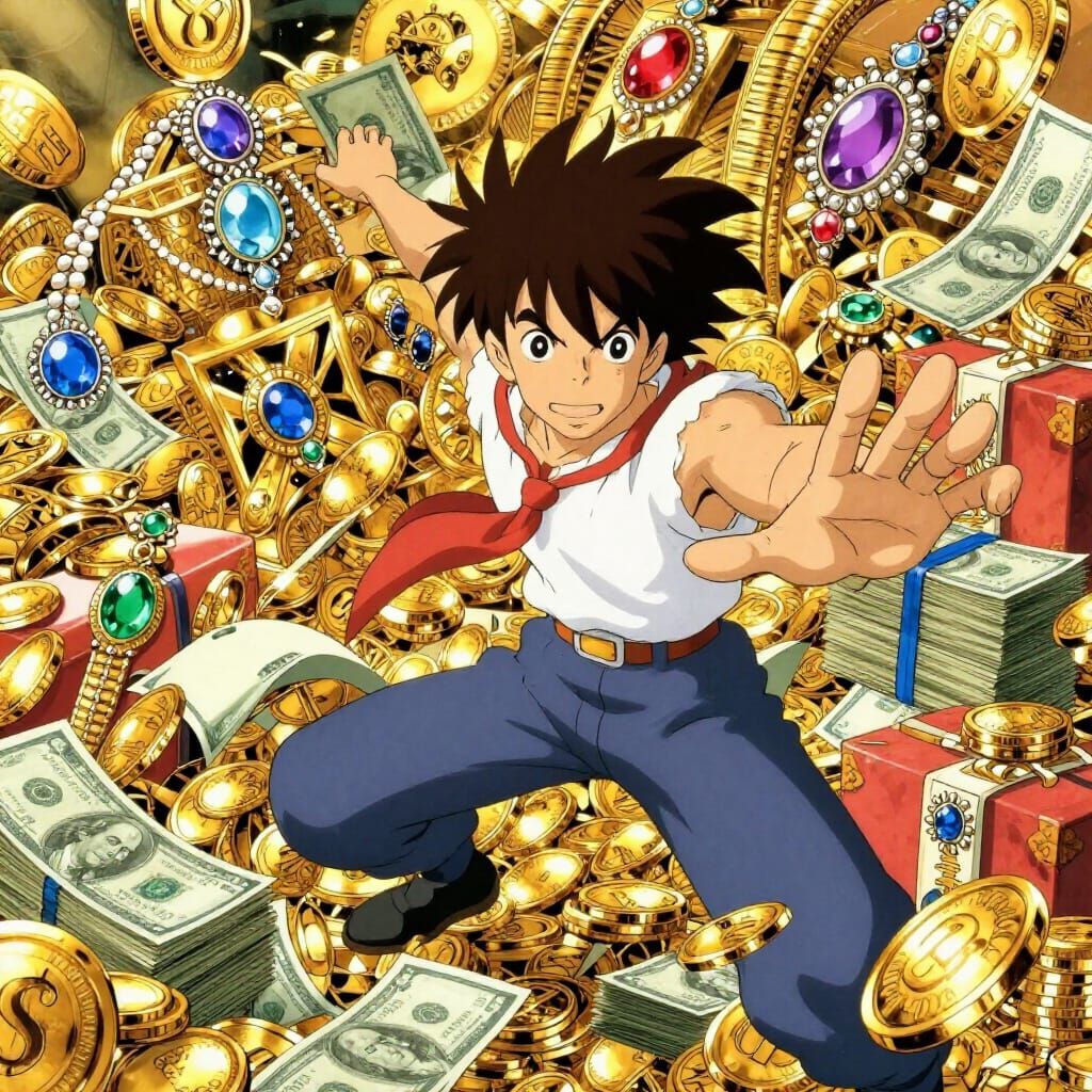 Anime Character Surrounded by Wealth and Jewels