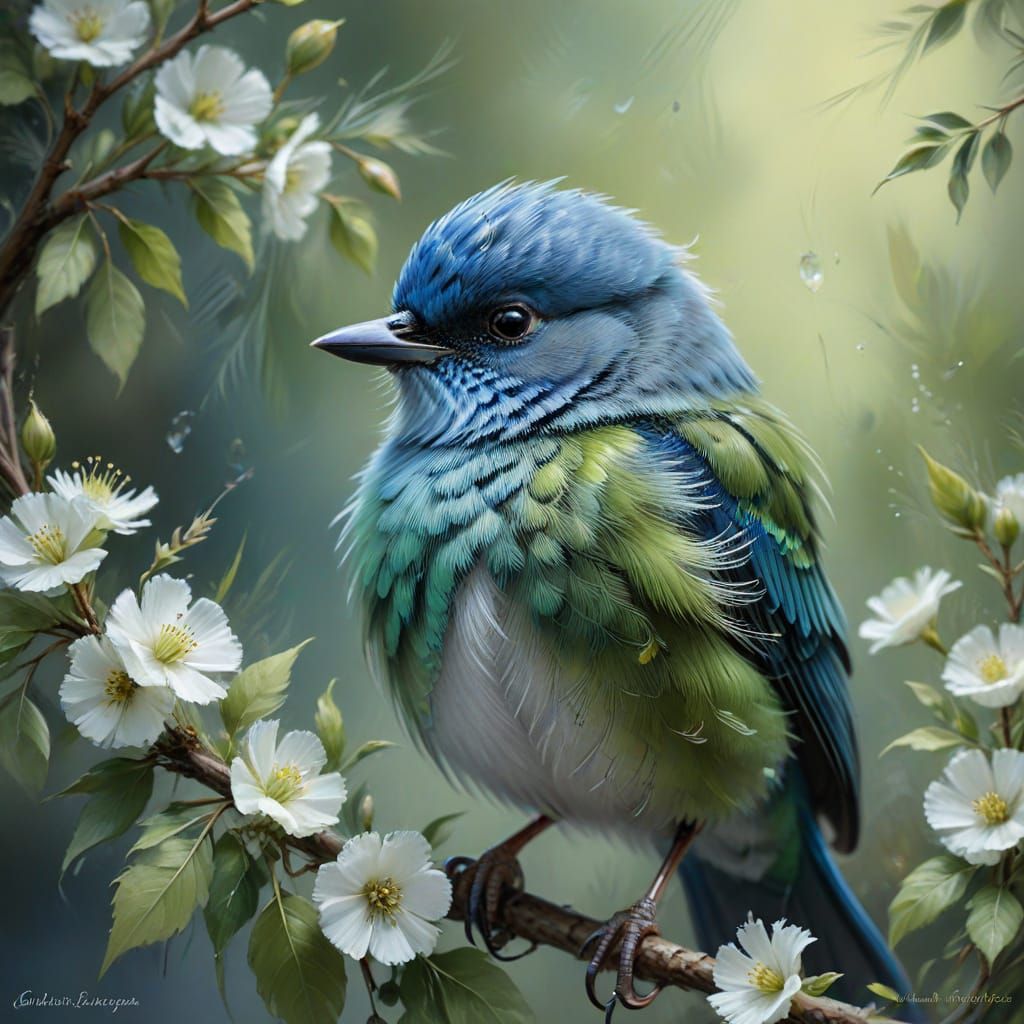 Fluffy Blue and Green Bird in Oil Painting Style