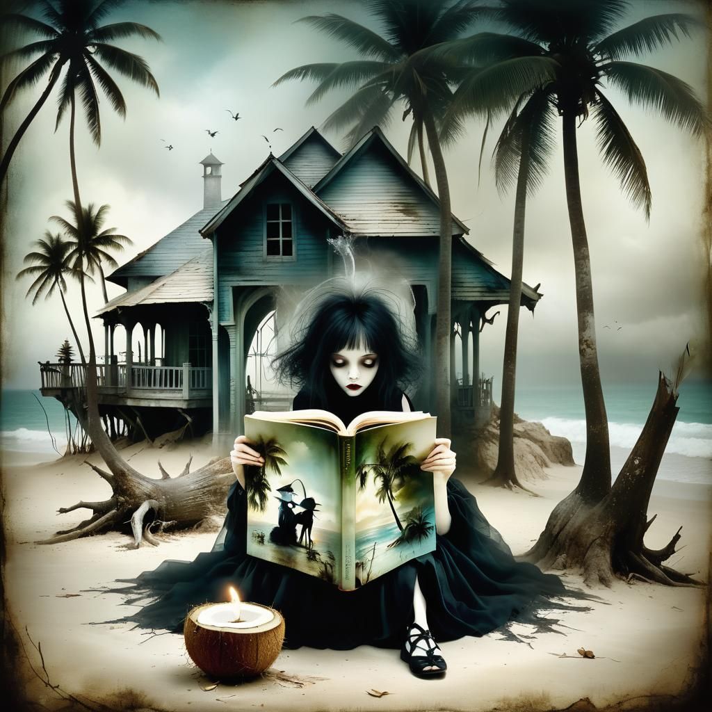 Eerie Witch Reading on Beach, Gothic Art