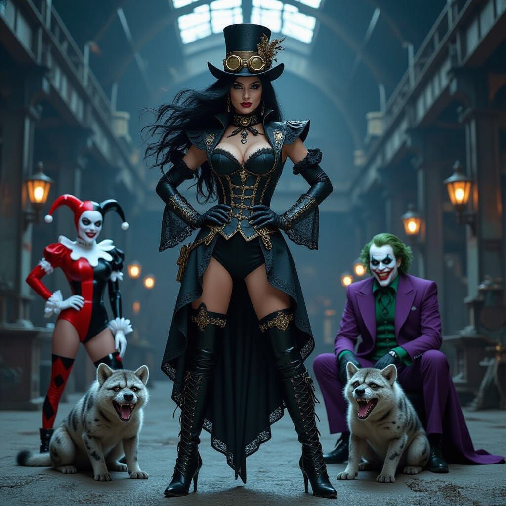 Gothic Steampunk Sorceress with Joker & Harley Quinn