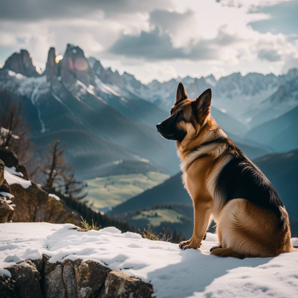 German Shepherd Overlooking Snowy Dolomites, Italy