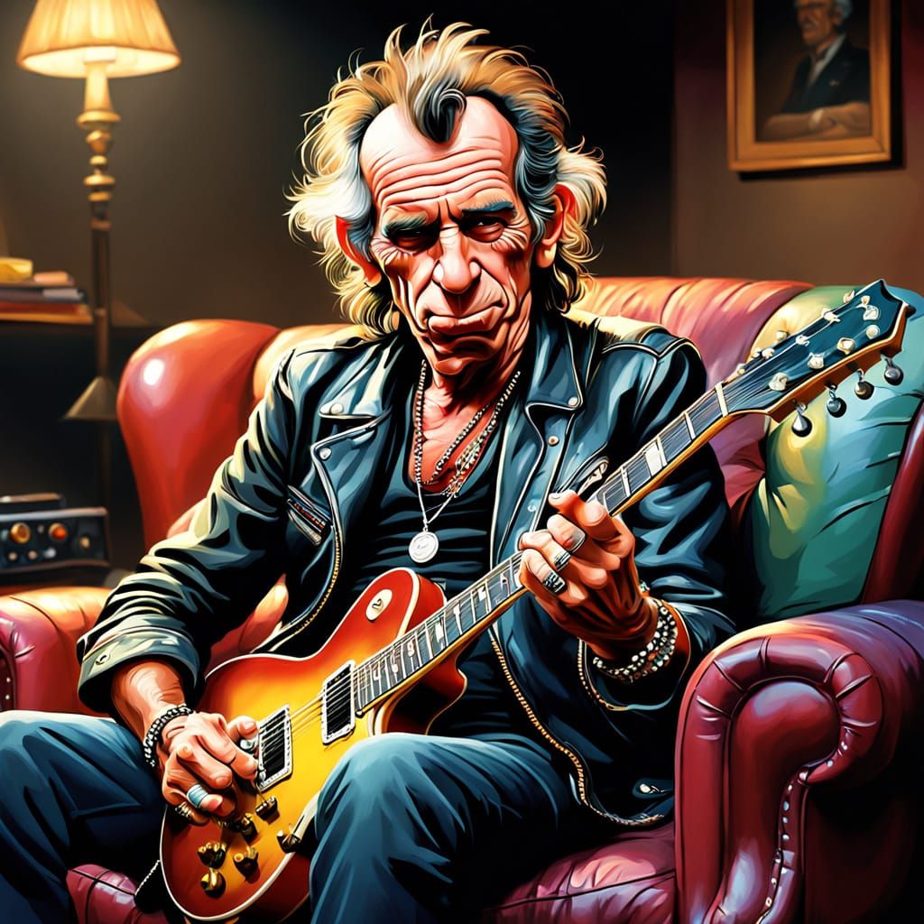 Humorous Caricature of Keith Richards with Guitar
