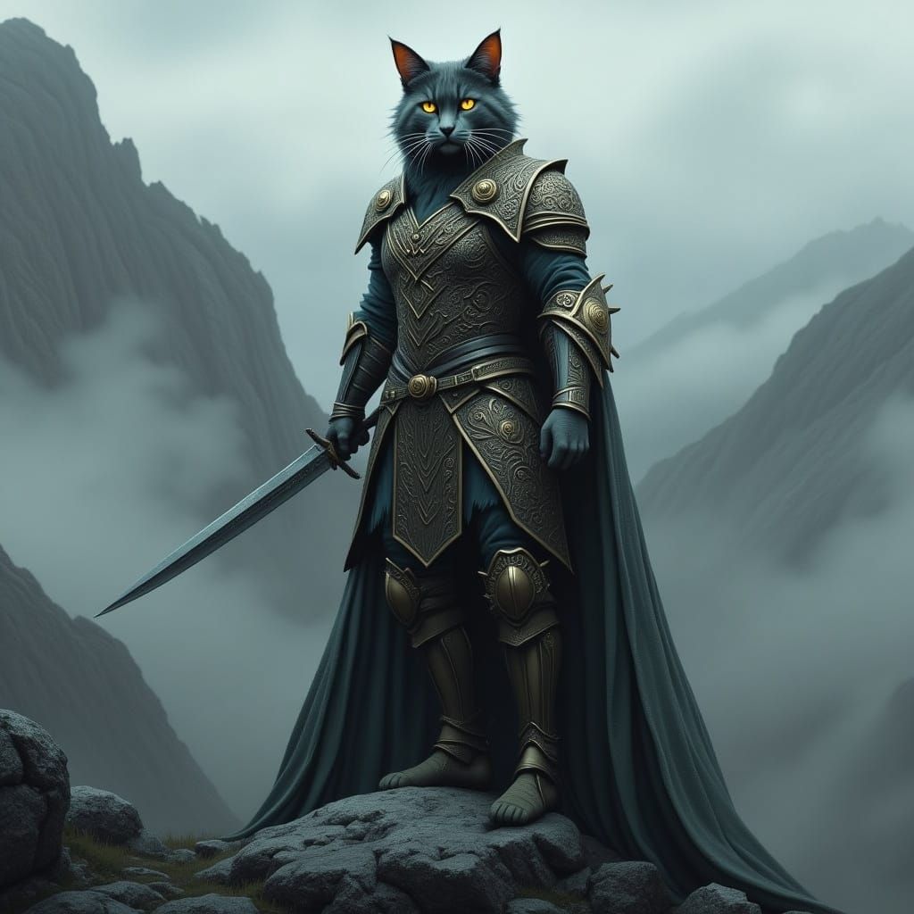 Fierce Feline Warrior on Misty Mountain Peak