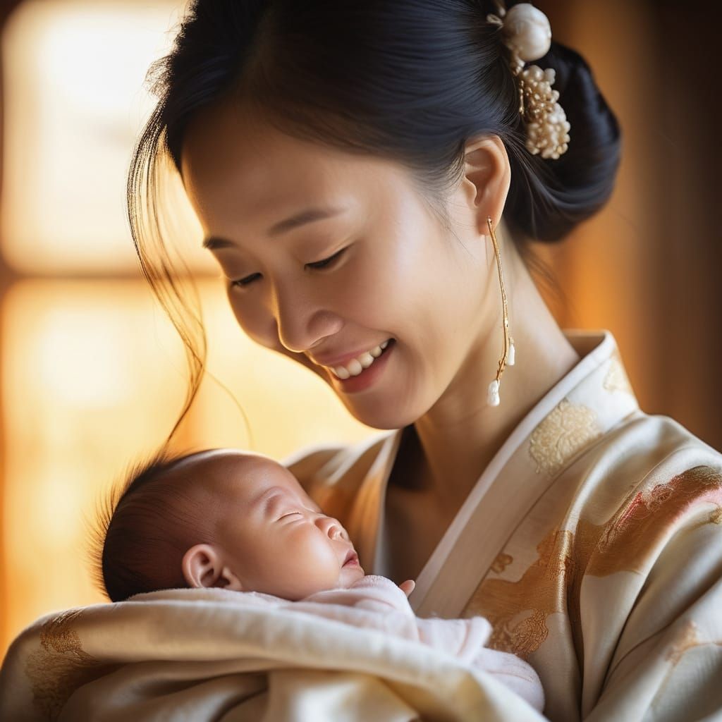 Mother and Child Portrait in Warm Oil Painting Style