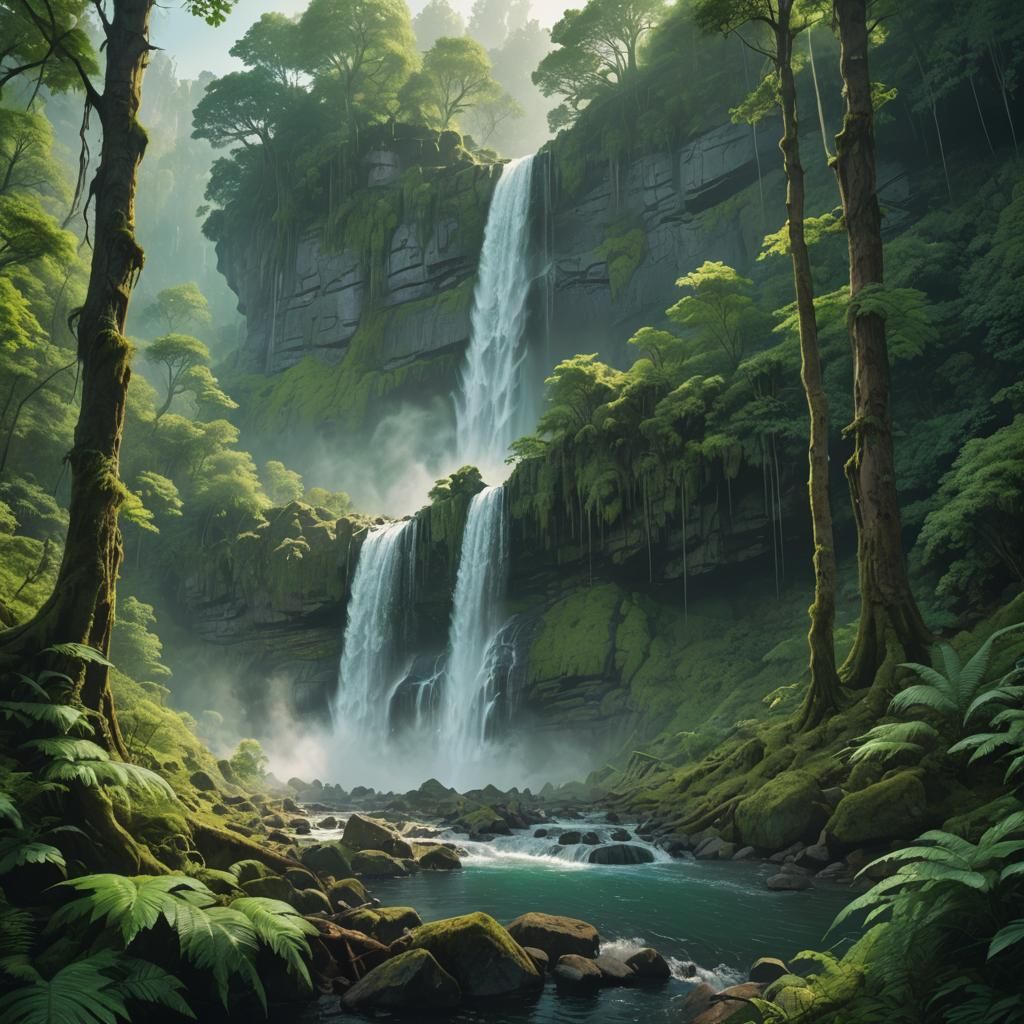 Lush Forest Waterfall: Fantasy Matte Painting