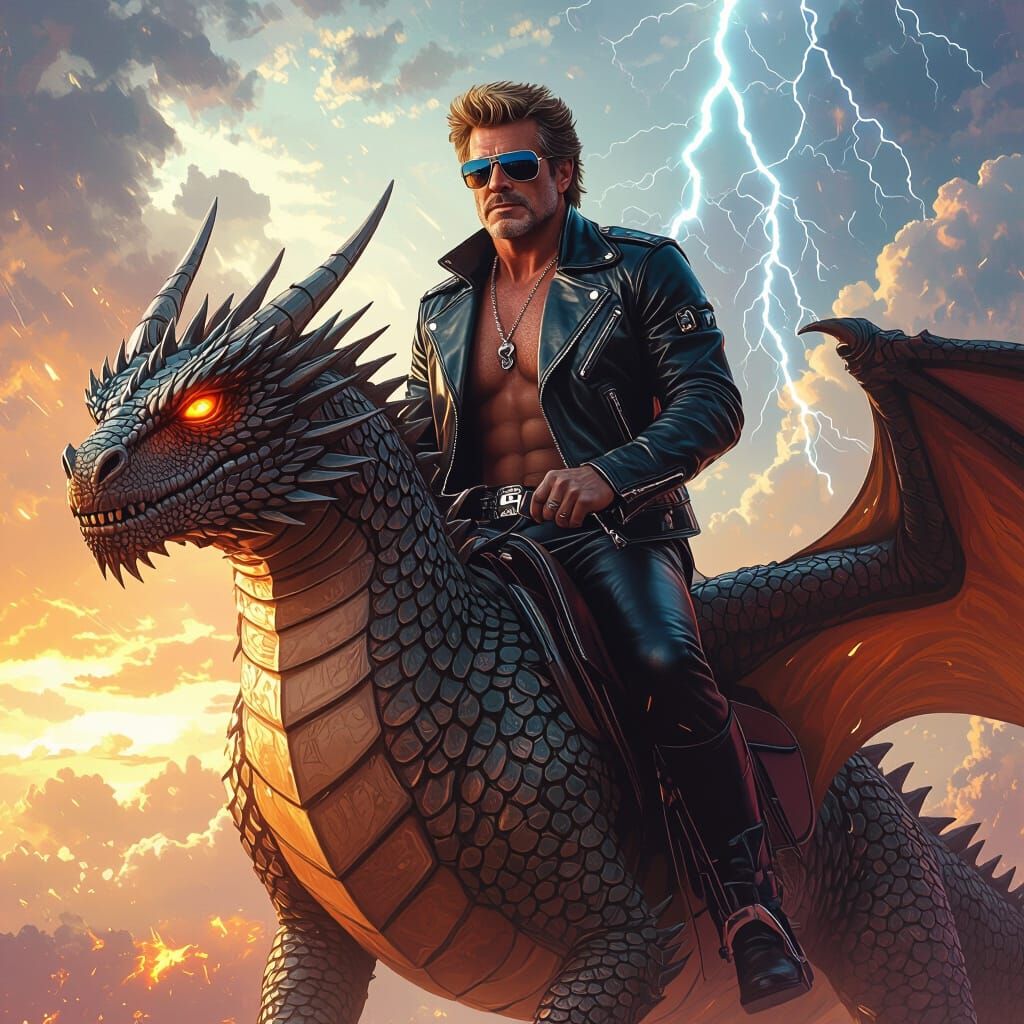 Rider on Dragon with Fiery Sky, in Digital Art Style