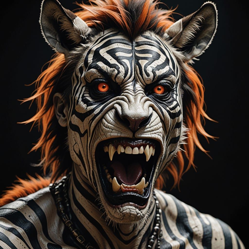 Dark Whimsy Portrait of a Fierce Zebra-Human Hybrid