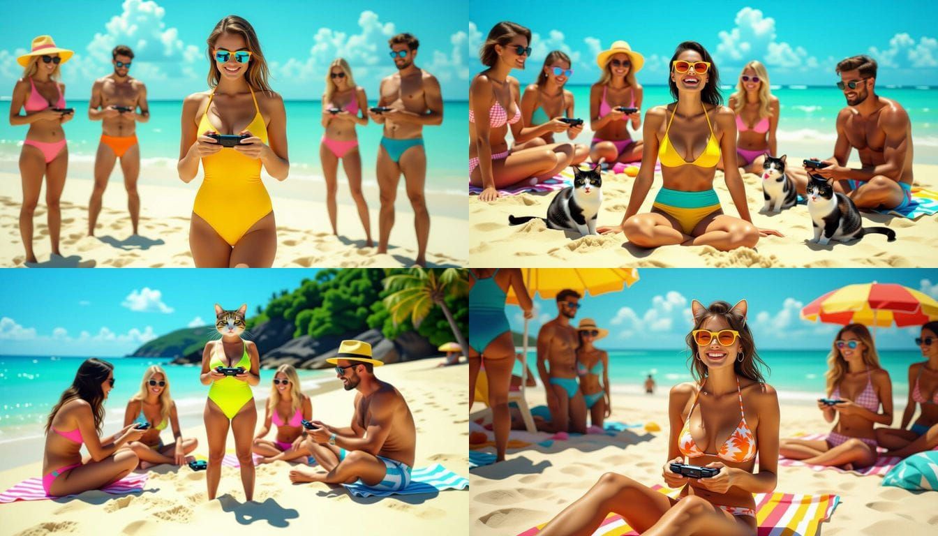 Cat Woman Enjoys Beach Sun While Gaming