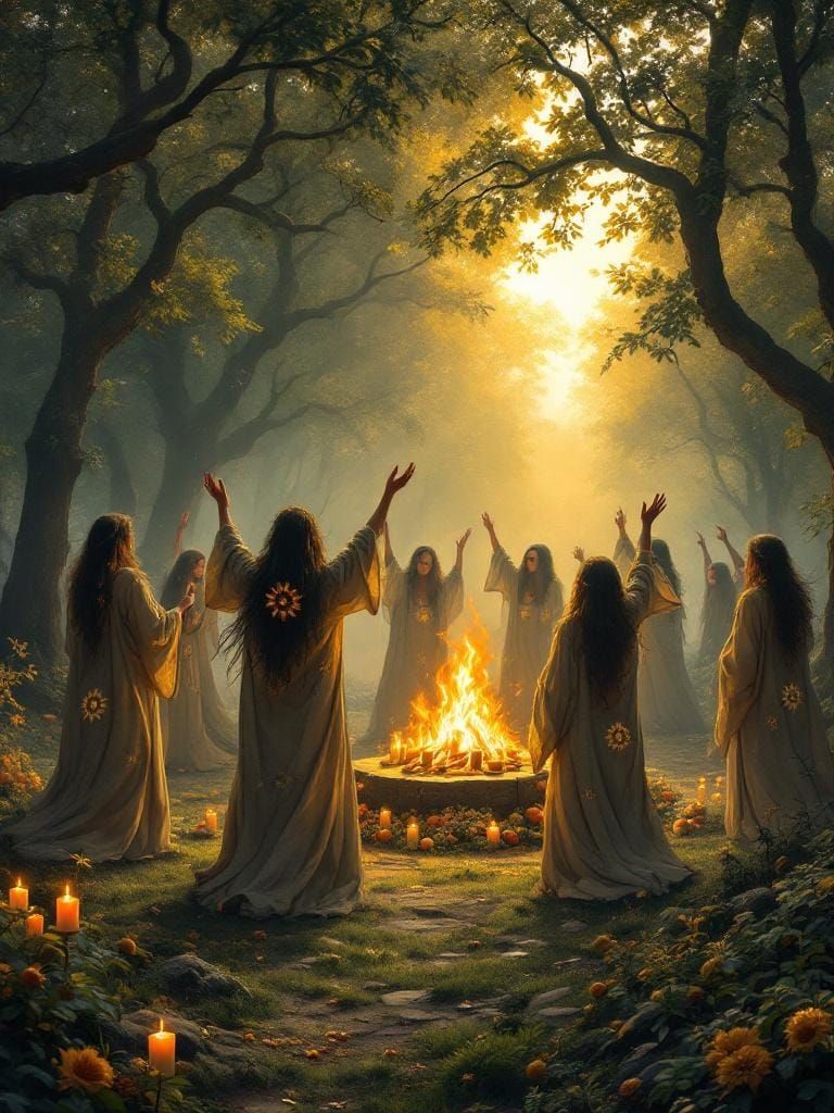 Witches Gather at Bonfire in Fantasy Realism Style