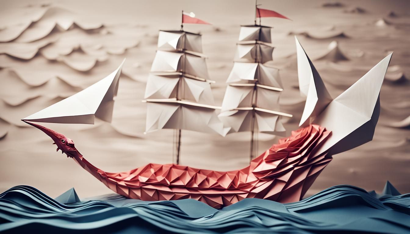 Origami Sea Serpent Over Ship Papercraft