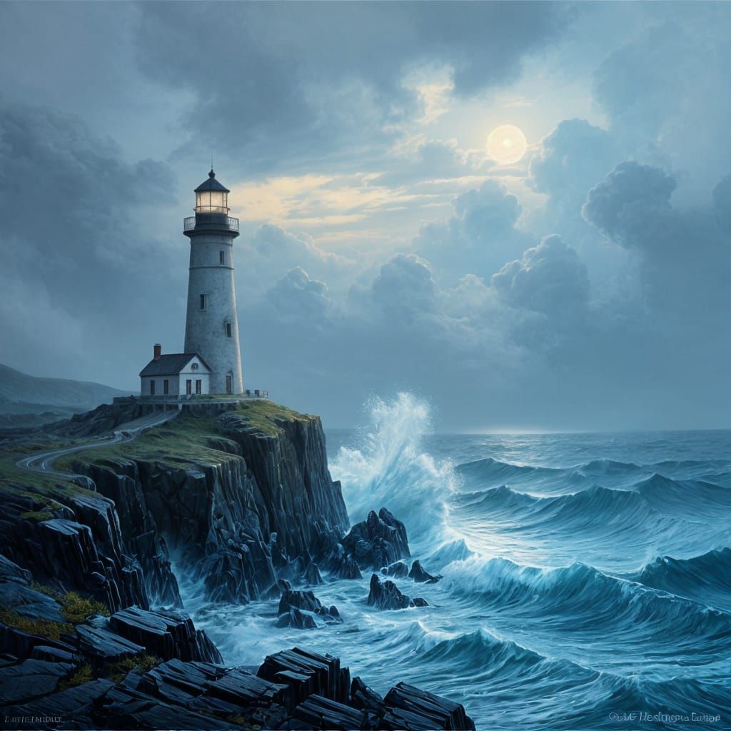 Ancient Lighthouse Beacon in Stormy Seas Oil Painting