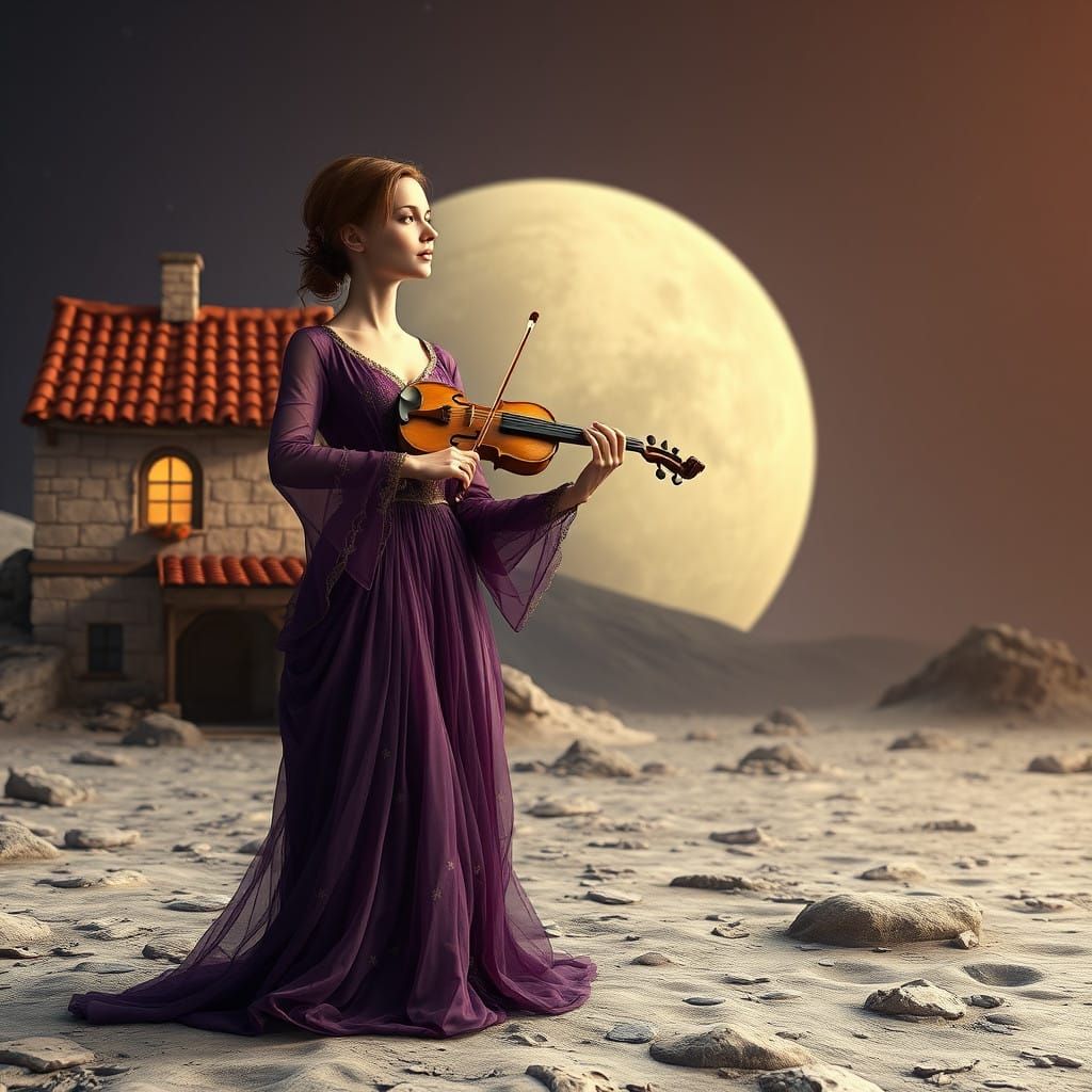 Serene Lunar Oasis with Elegant Violinist