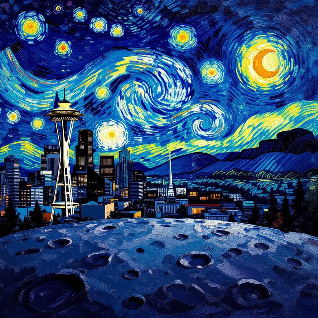 Seattle Skyline on the Moon in Starry Night Style