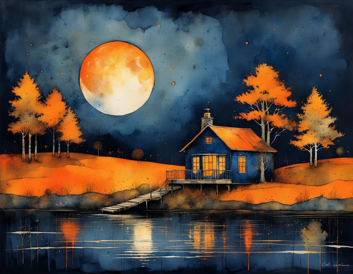 Moonrise Fantasy Art Illustration in Watercolor Style