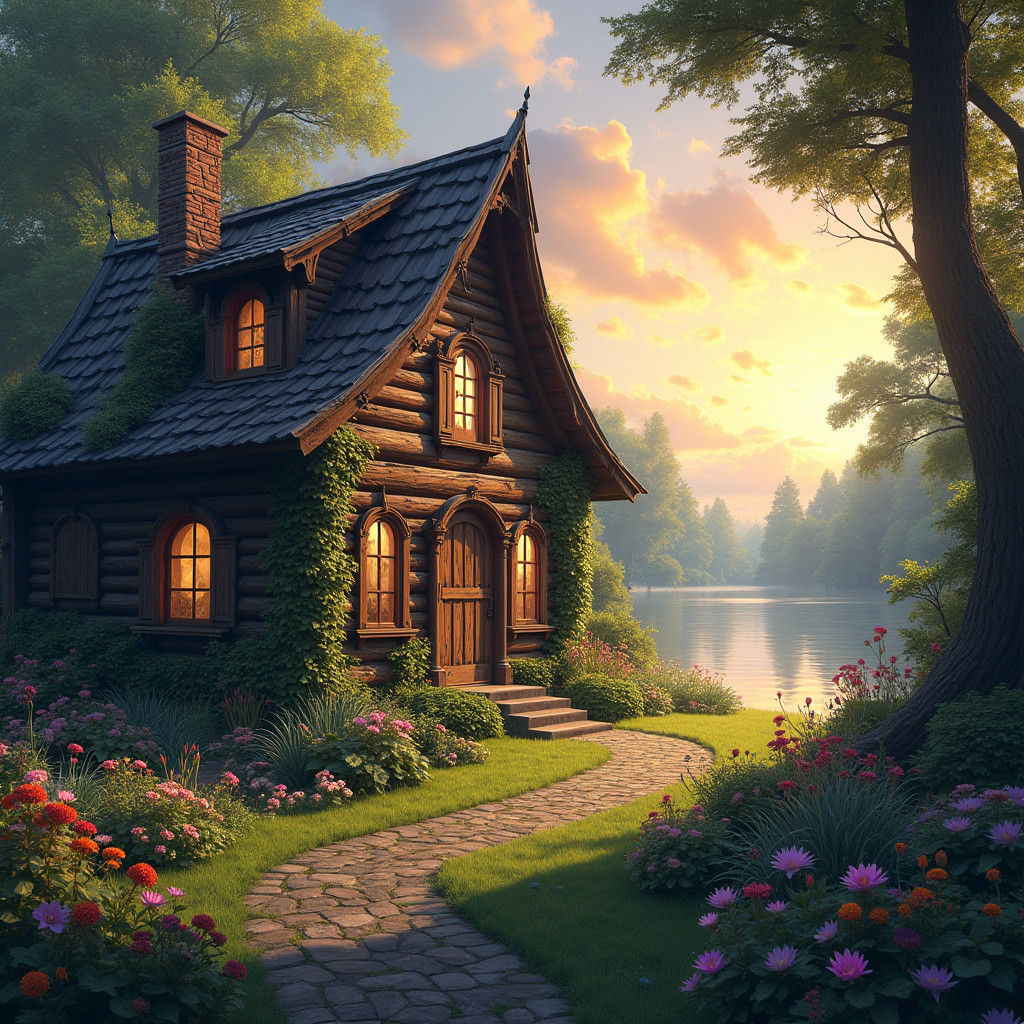 Enchanted Lakeside Cabin at Sunset