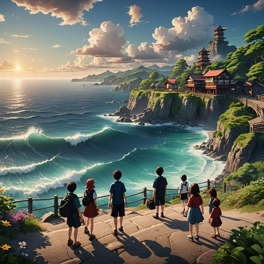 Anime Family at Seaside: Detailed Matte Painting