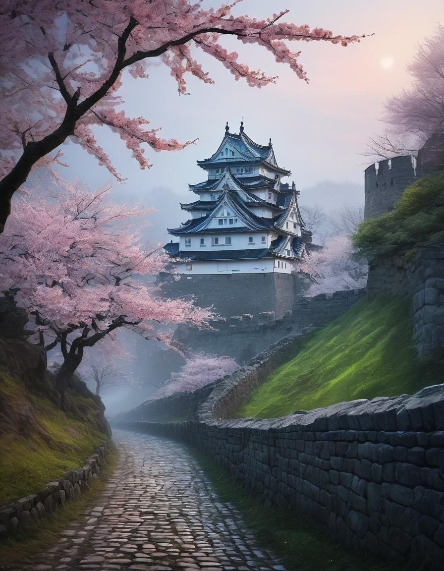 Sakura Blossoms at Castle Walls in Evening Light