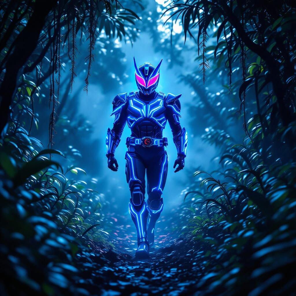 Kamen Rider in Blue Neon Armor in Dark Jungle