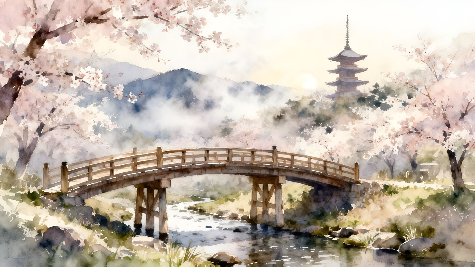 Serene Japanese Landscape in Watercolor Style