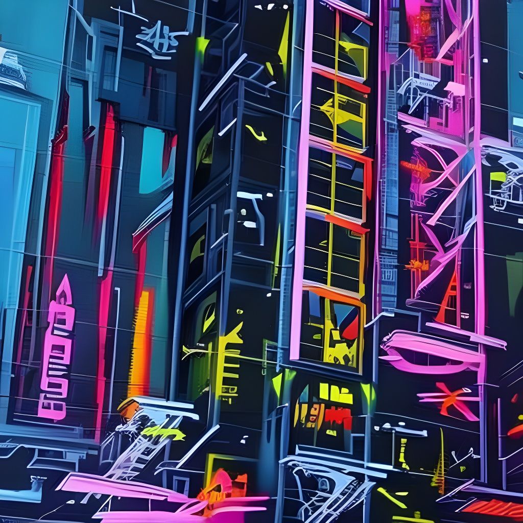 Cyberpunk Cityscape with Neon Signs and Graffiti