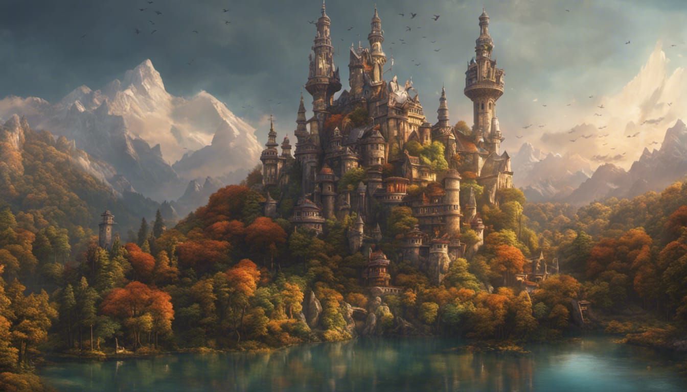 Fantasy Houses Tower Over Forest Landscape