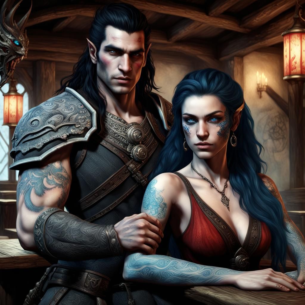 Dragonborn and Kaidan at the Inn, Fantasy Art