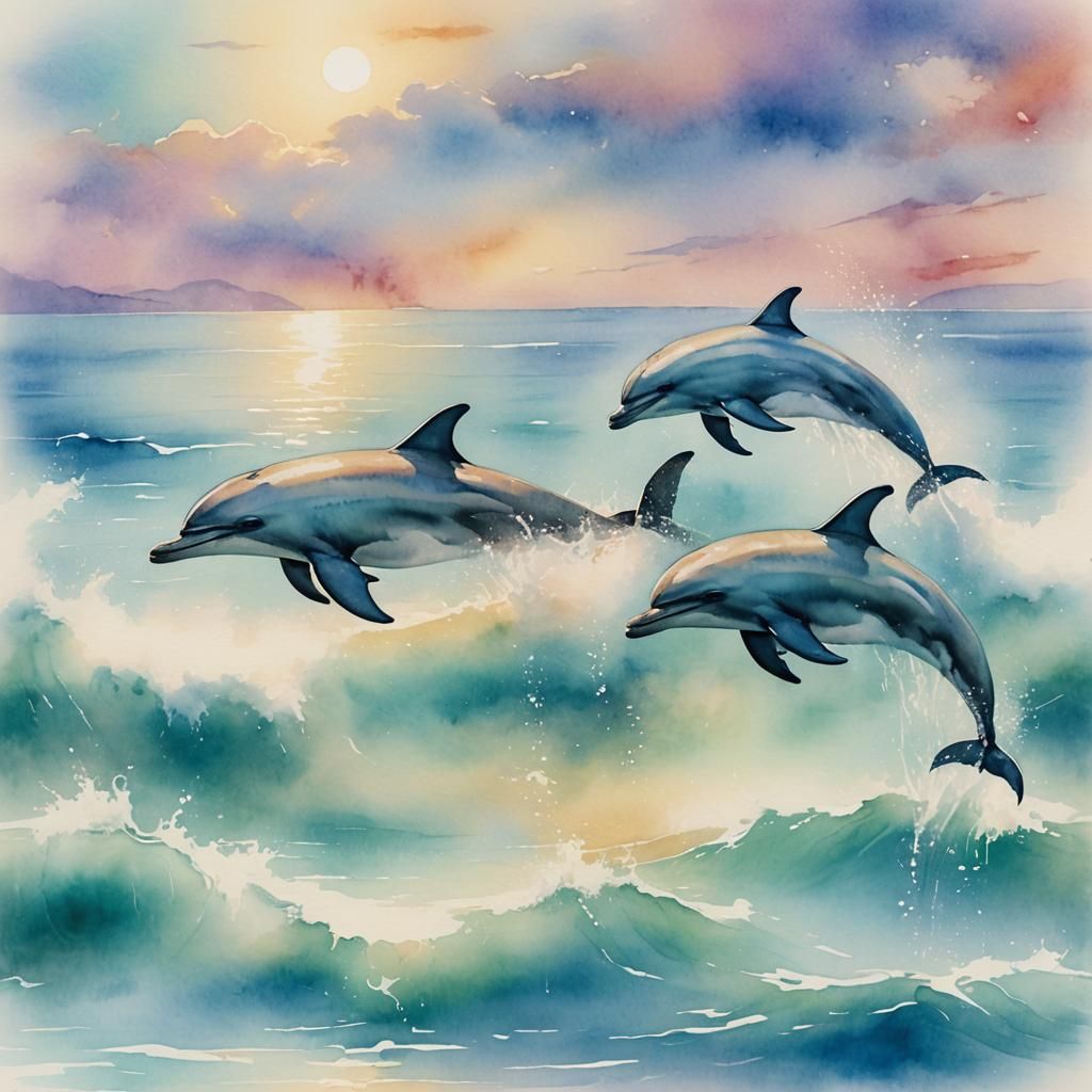 Watercolor Dolphins Playing Under Rainbow Sky