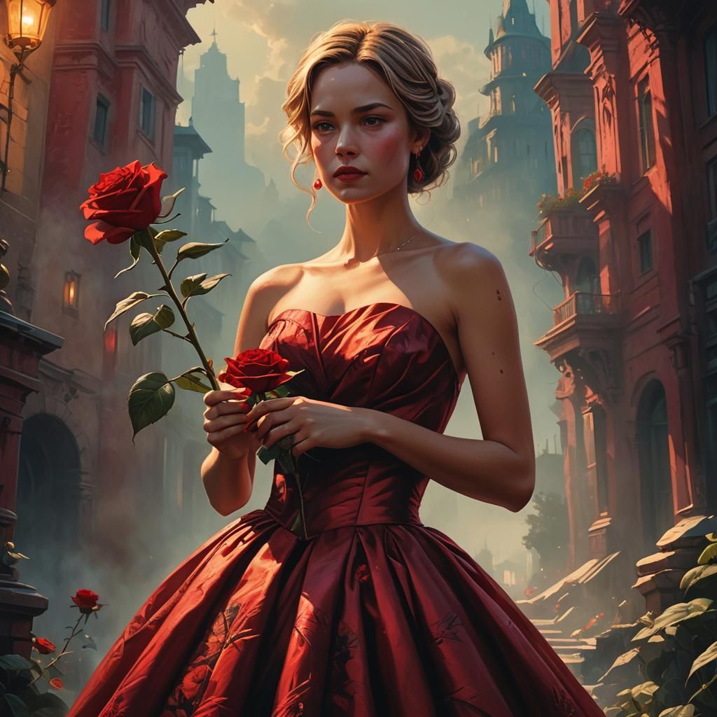 Woman in Red Dress Holding Rose: Fantasy Portrait