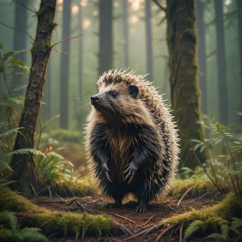 Porcupine in Misty Forest, Impressionist Wildlife Photograph...