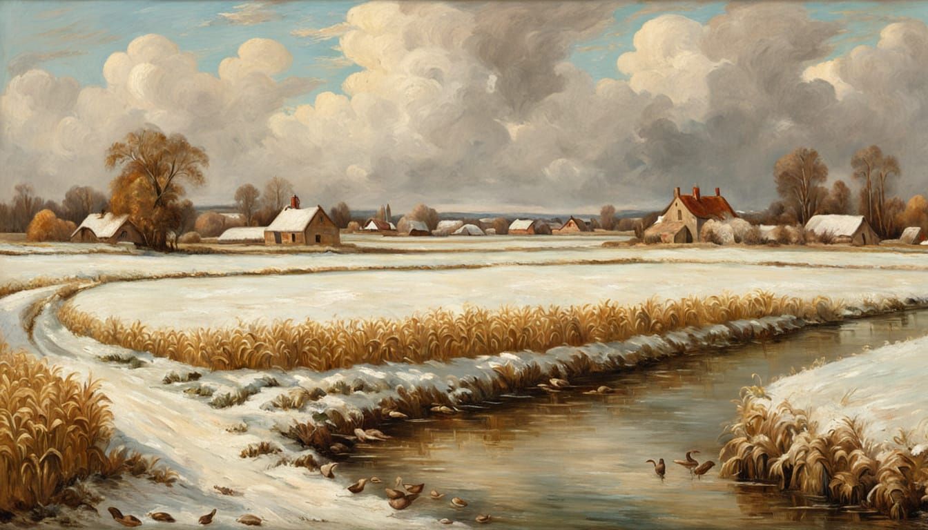 Snowy Cornfield Landscape Painting with Geese