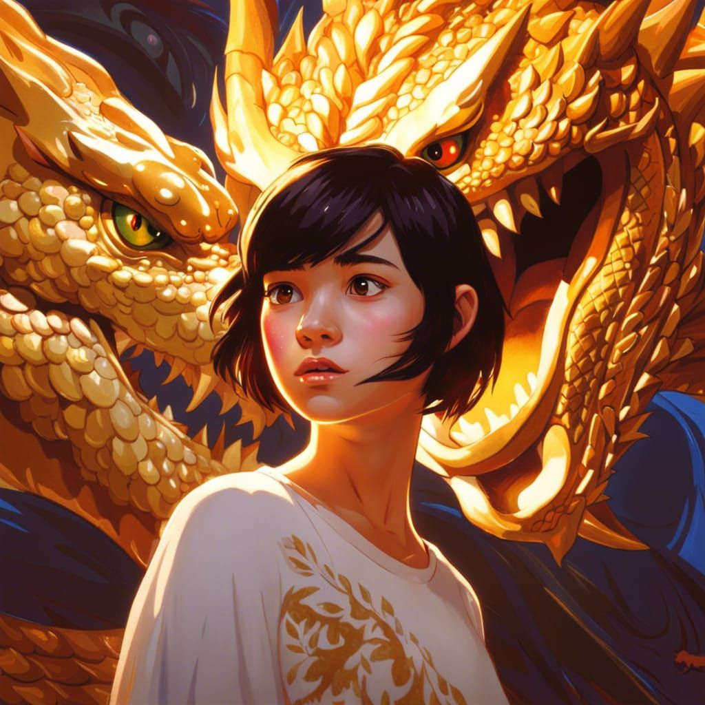 Anime Girl with Dragon and Gold in Pixar Style