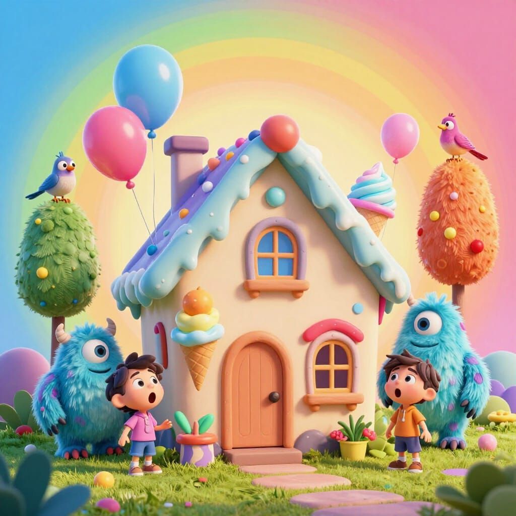 Whimsical House with Playful Balloon and Ice Cream Monsters